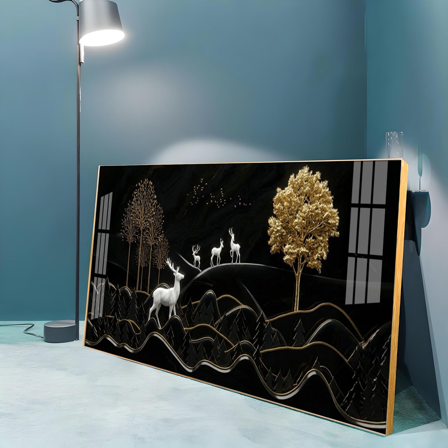 Deer Mountain With Golden Tree Premium Acrylic Horizontal Wall Art