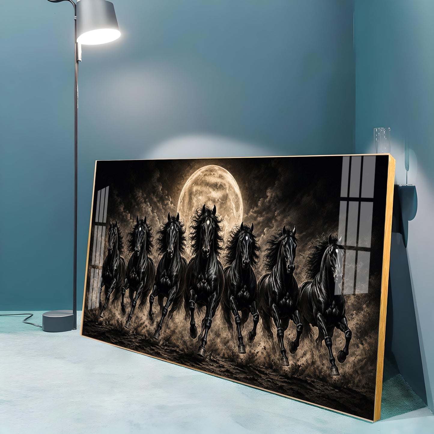 Seven Black Horses Full Moon Premium Acrylic Horizontal Wall Art
