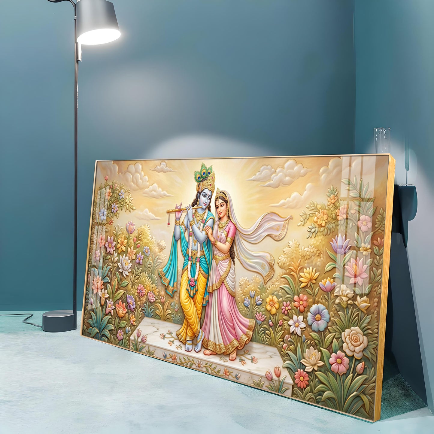 Radha Krishna Surrounded By Flowers Premium Acrylic Horizontal Wall Art
