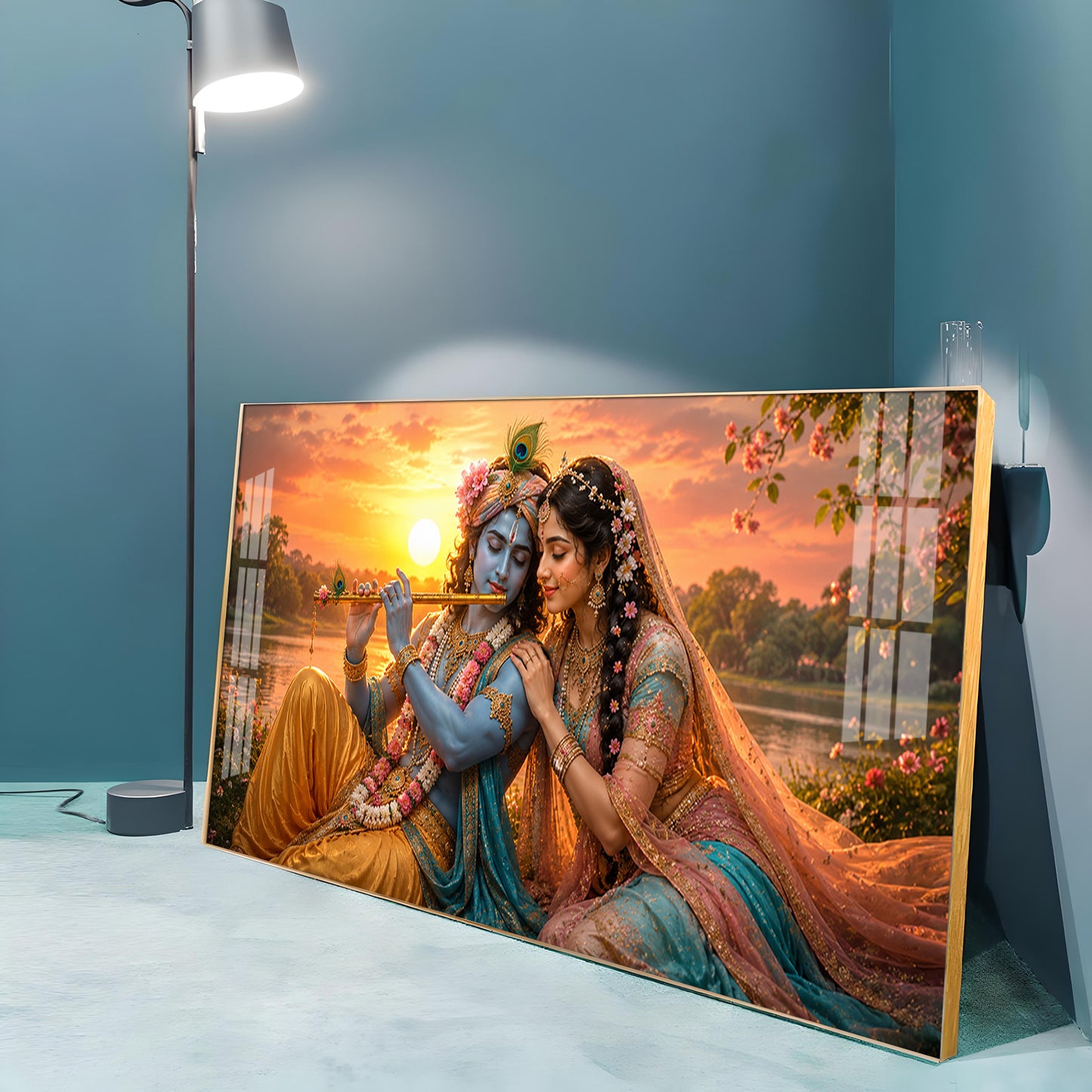 Radha & Krishna Sitting Tranquil Lakeside Premium Acrylic Horizontal Wall Art
