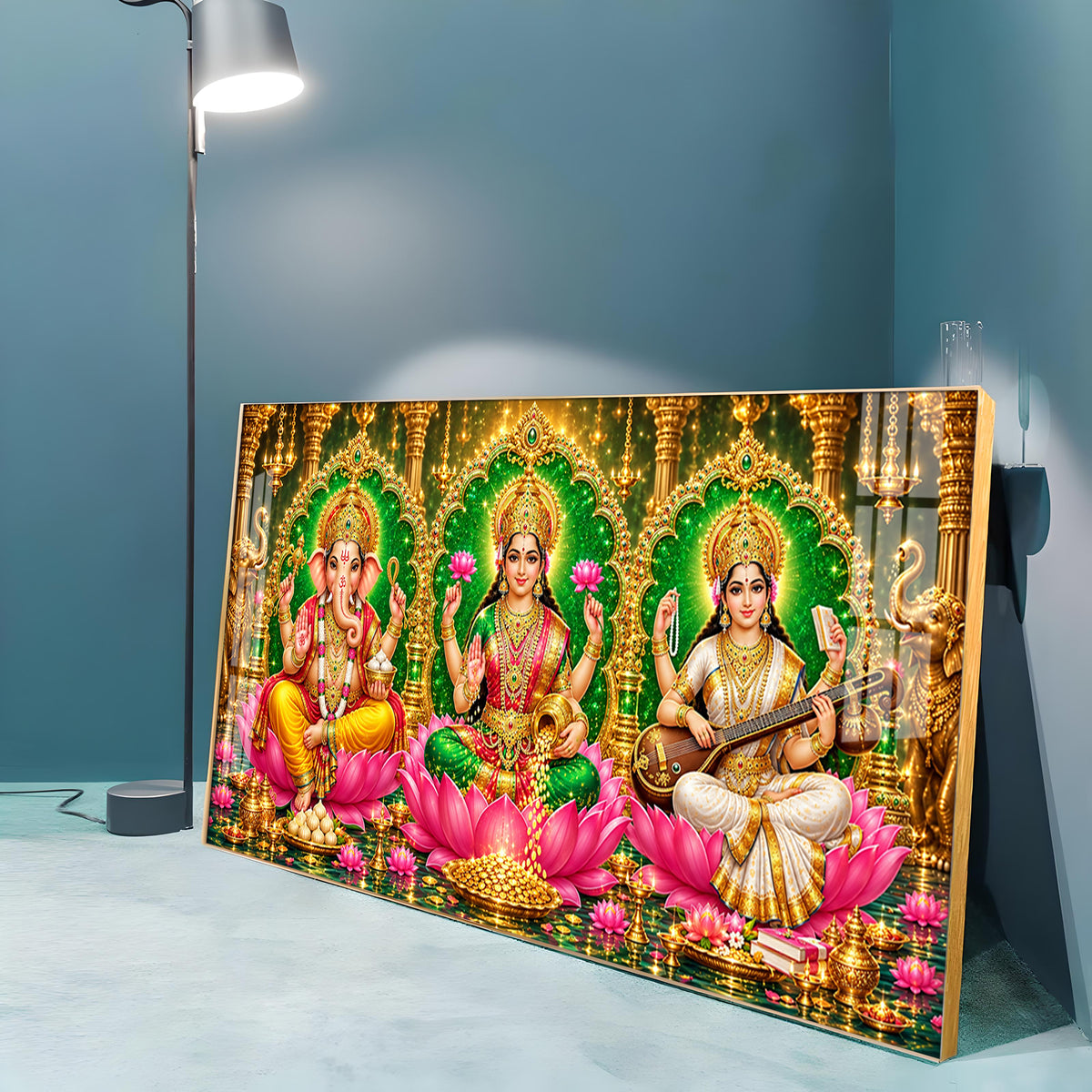 Maa Lakshmi, Ganesha Ji & Saraswati Premium Acrylic Horizontal Wall Art