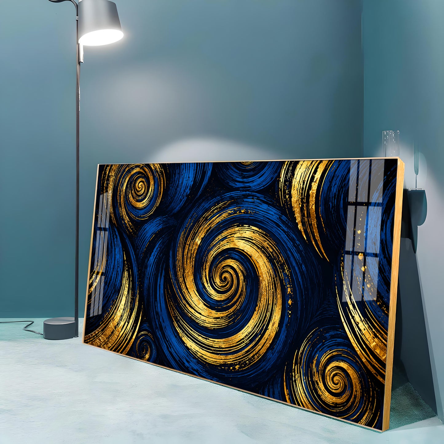 Blue Gold Swirls Premium Acrylic Horizontal Wall Art