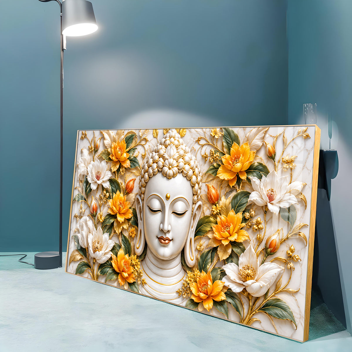 Buddha With Golden White Blossom Premium Acrylic Horizontal Wall Art