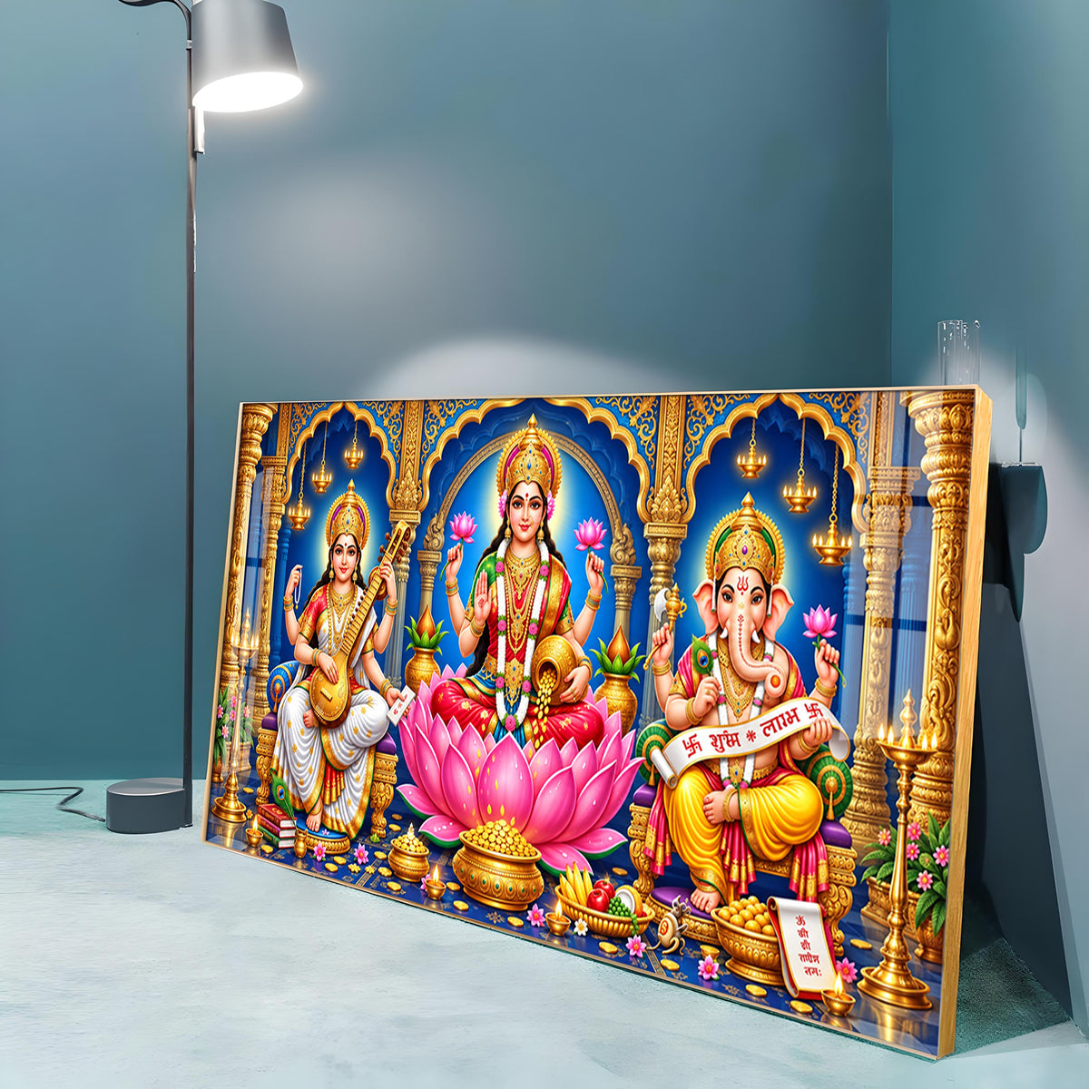 Maa Lakshmi, Saraswati & Ganesha Premium Acrylic Horizontal Wall Art