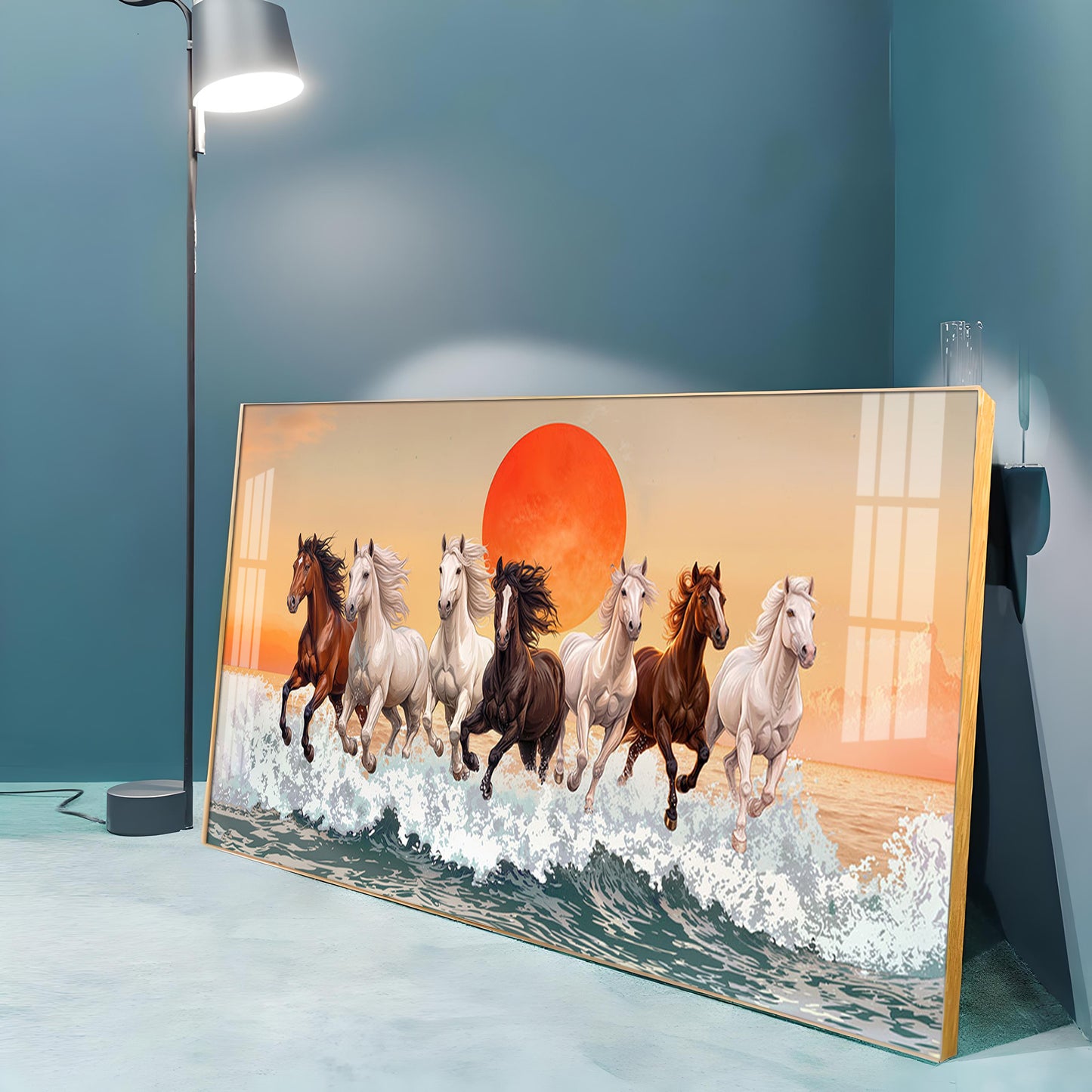 Seven Horses Glloping Across Ocean Premium Acrylic Horizontal Wall Art