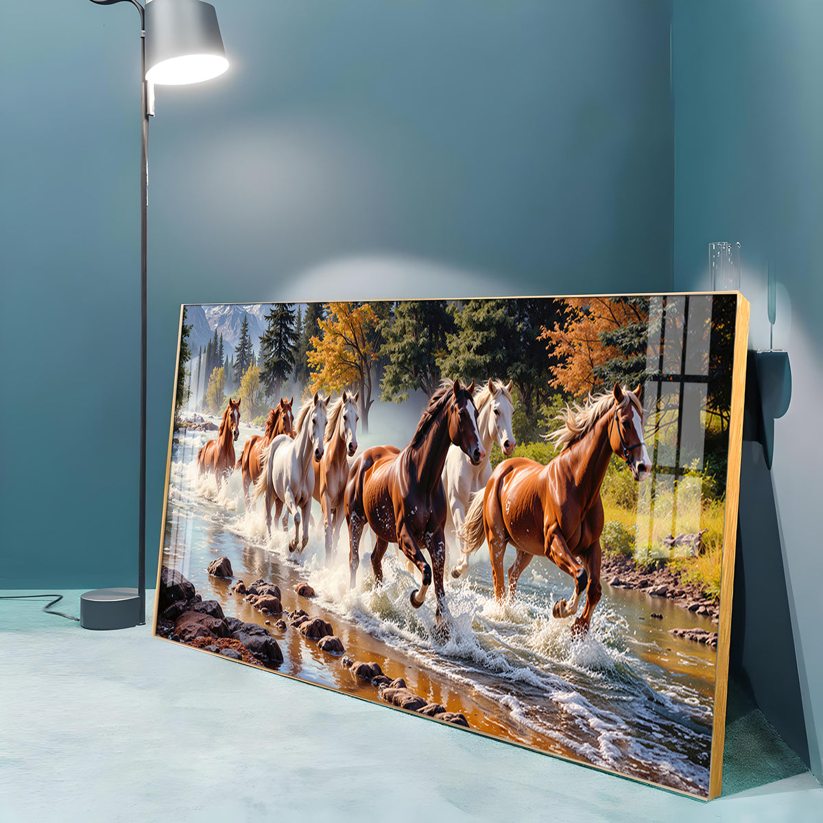 Running Horses in River Premium Acrylic Horizontal Wall Art