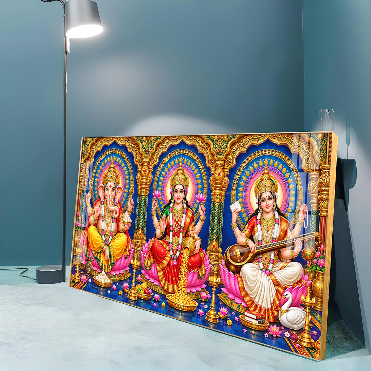 Divine Lord Ganesha, Goddess Saraswati & Goddess Lakshmi Premium Acrylic Horizontal Wall Art