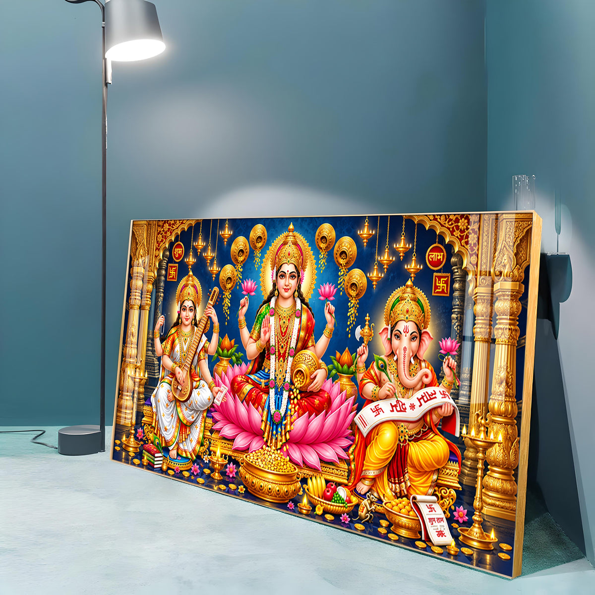 Maa Lakshmi, Ganesha and Saraswati Premium Acrylic Horizontal Wall Art