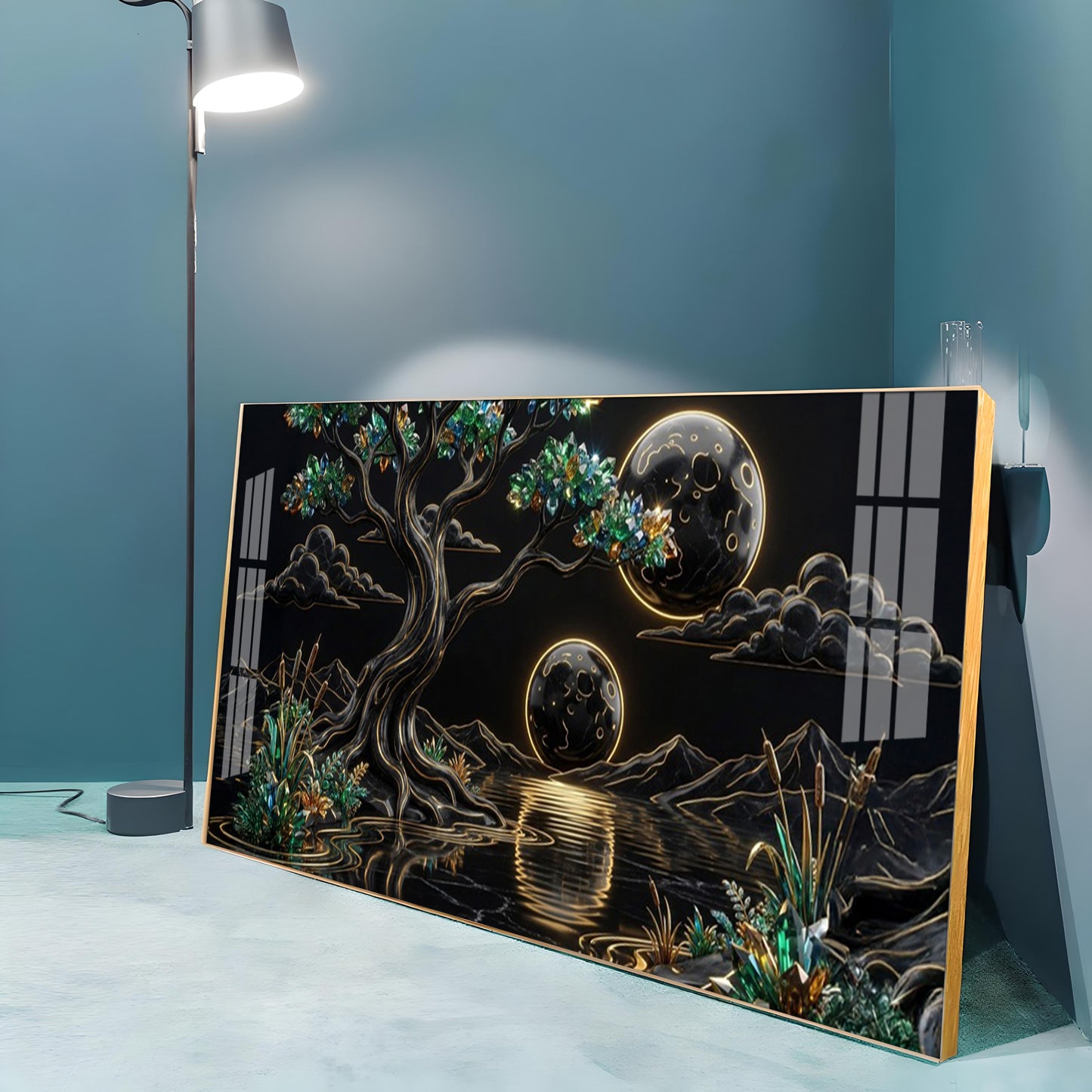 Tree & Sacred Mountains With Black & Gold Premium Acrylic Horizontal Wall Art