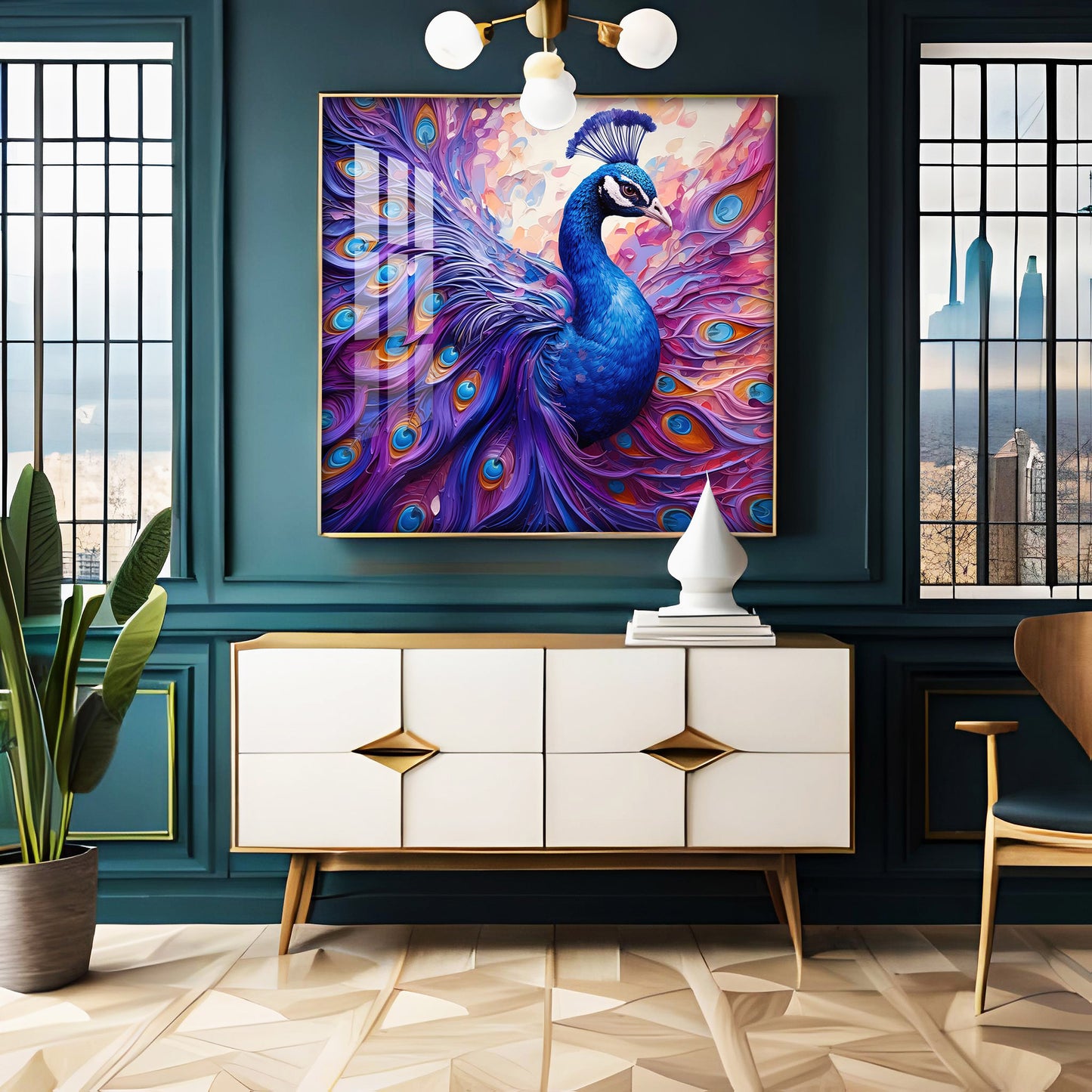 Vibrant Peacock With Feathers Premium Acrylic Square Wall Art