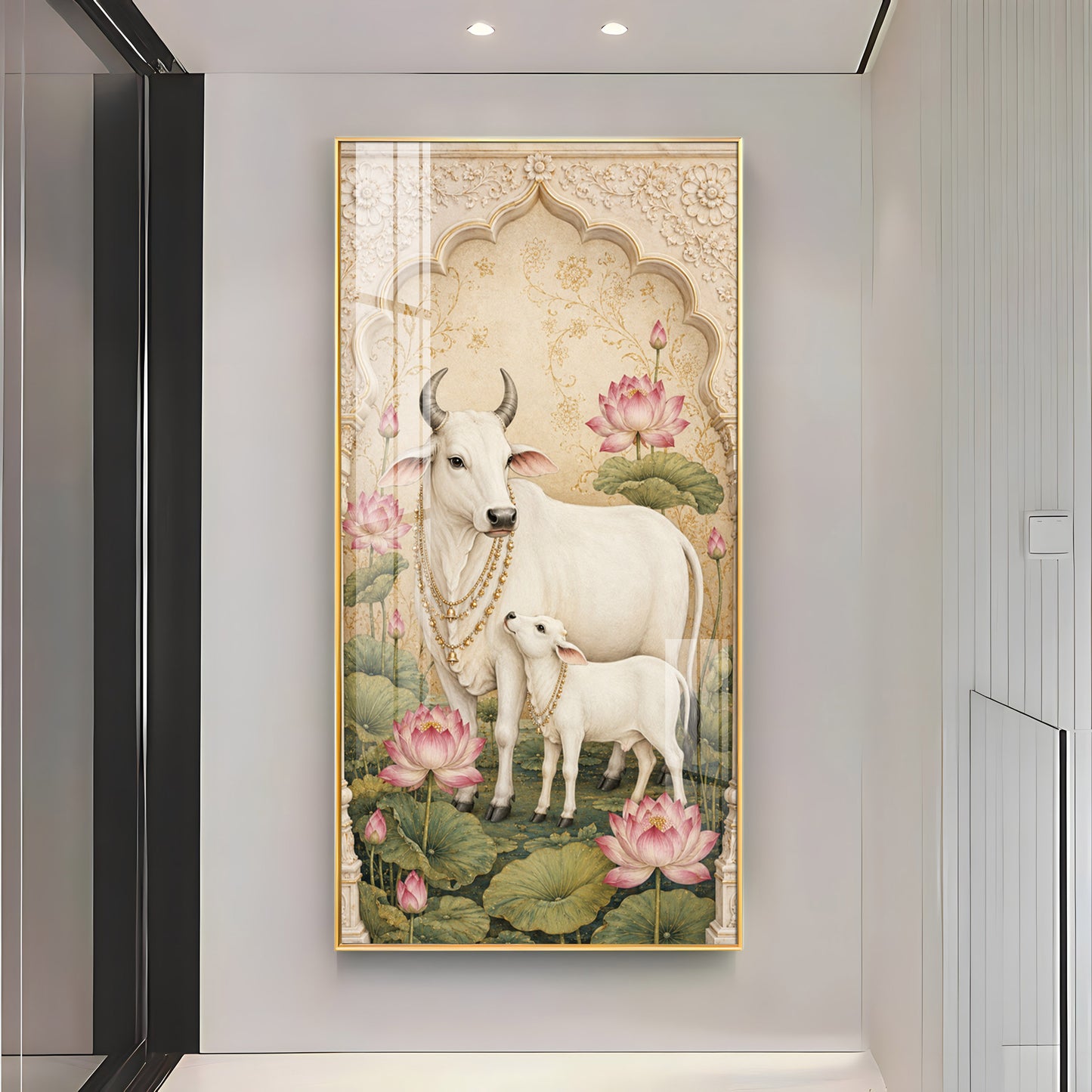 Divine Kamdhenu Cow with Calf Traditional Lotus Premium Acrylic Vertical Wall Art