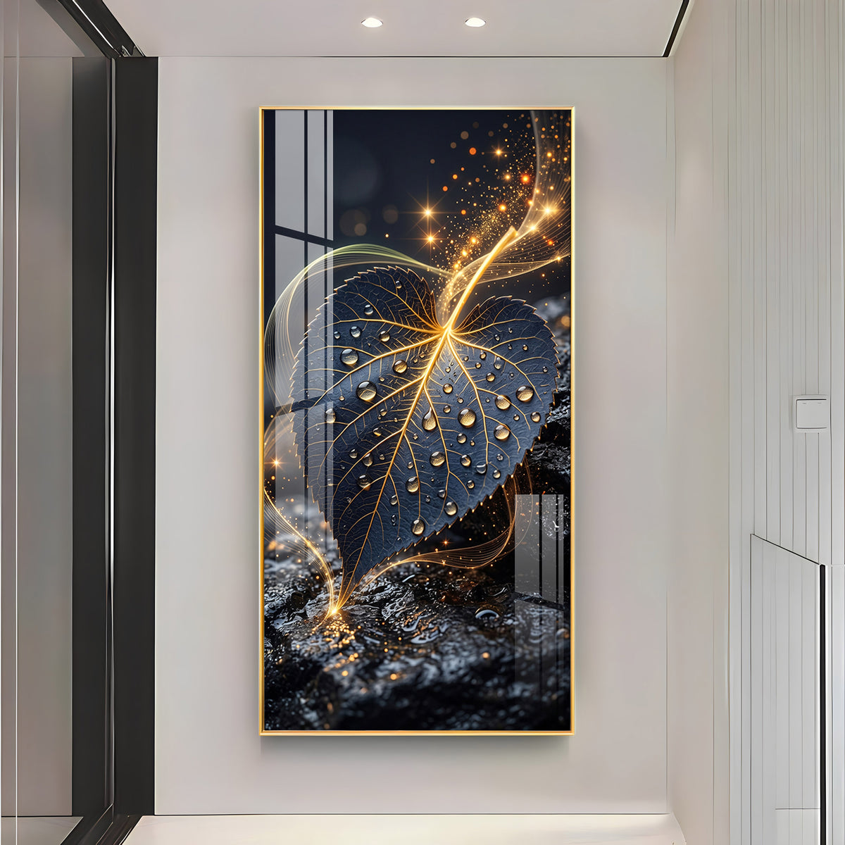 Golden Water Droplet Leaf Premium Acrylic Vertical Wall Art