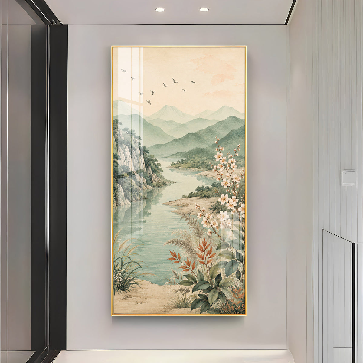 Serene Mountain Lake & Blossom Premium Acrylic Vertical Wall Art