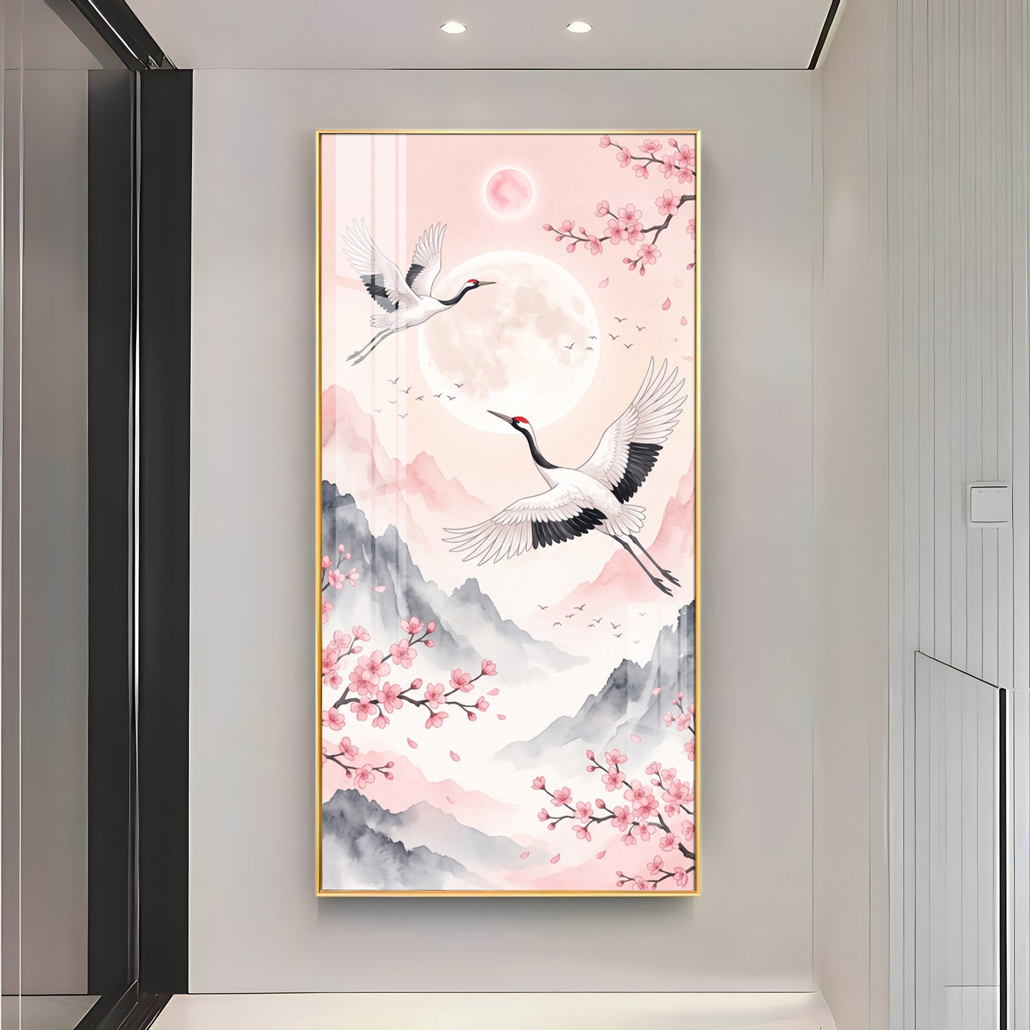 Flying Crane Birds & Cherry Blossom Premium Acrylic Vertical Wall Art