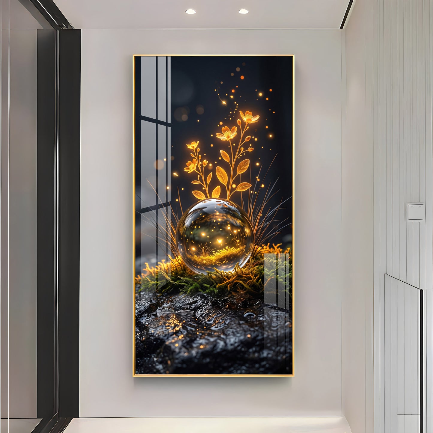 Glowing Crystal Orb & Golden Flowers Premium Acrylic Vertical Wall Art
