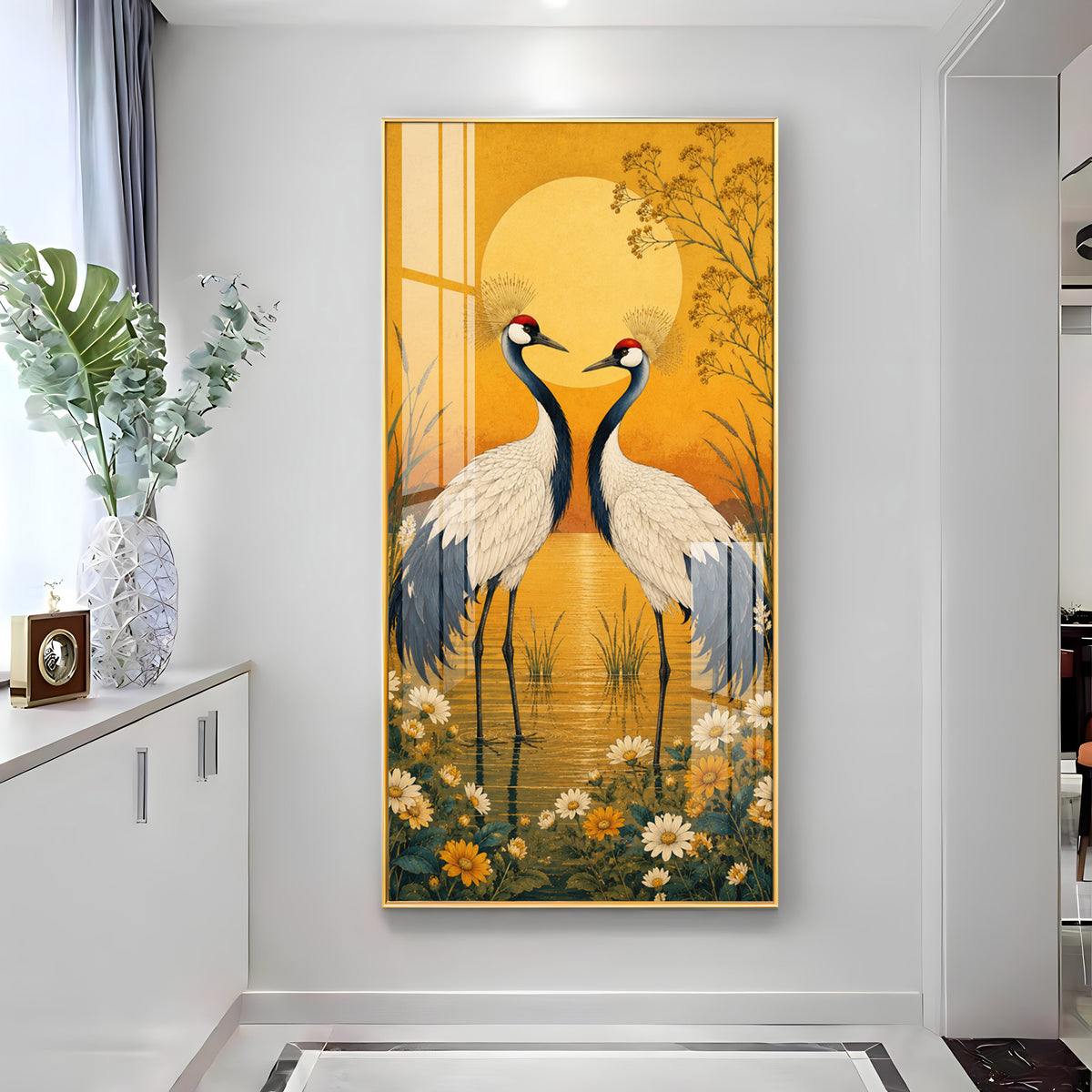 Golden Sunset Crane Birds Premium Acrylic Vertical Wall Art