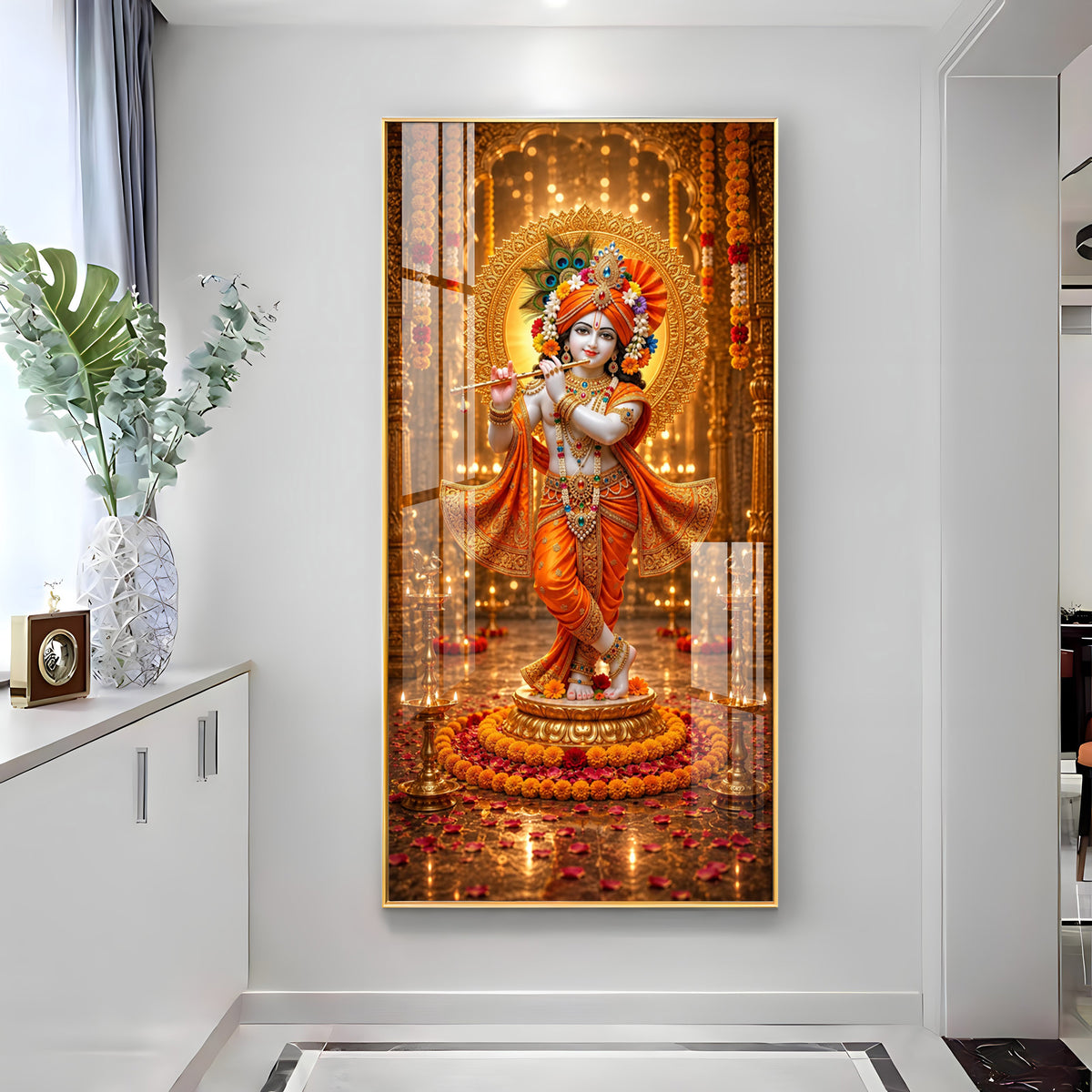 Divine Lord Krishna Playing Flute Premium Acrylic Vertical Wall Art