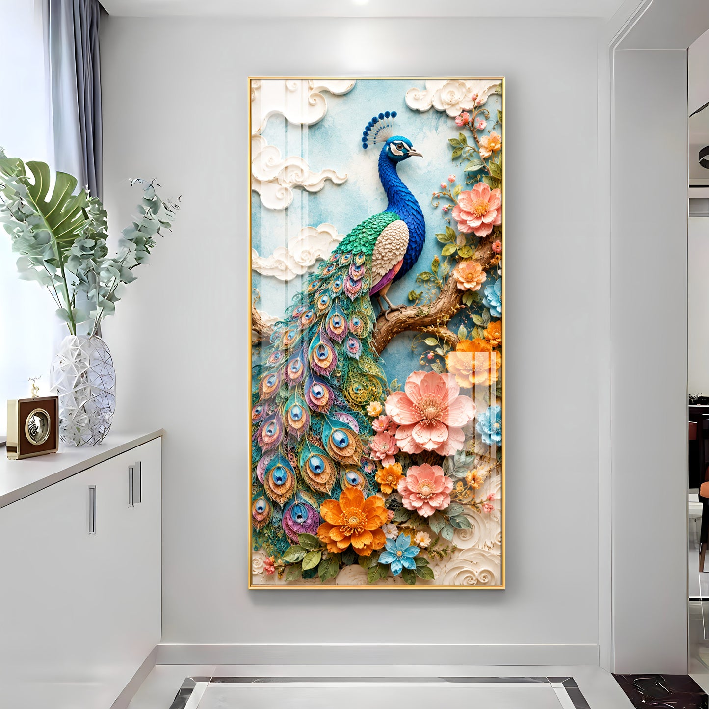 Majestic Peacock & Floral Premium Acrylic Vertical Wall Art