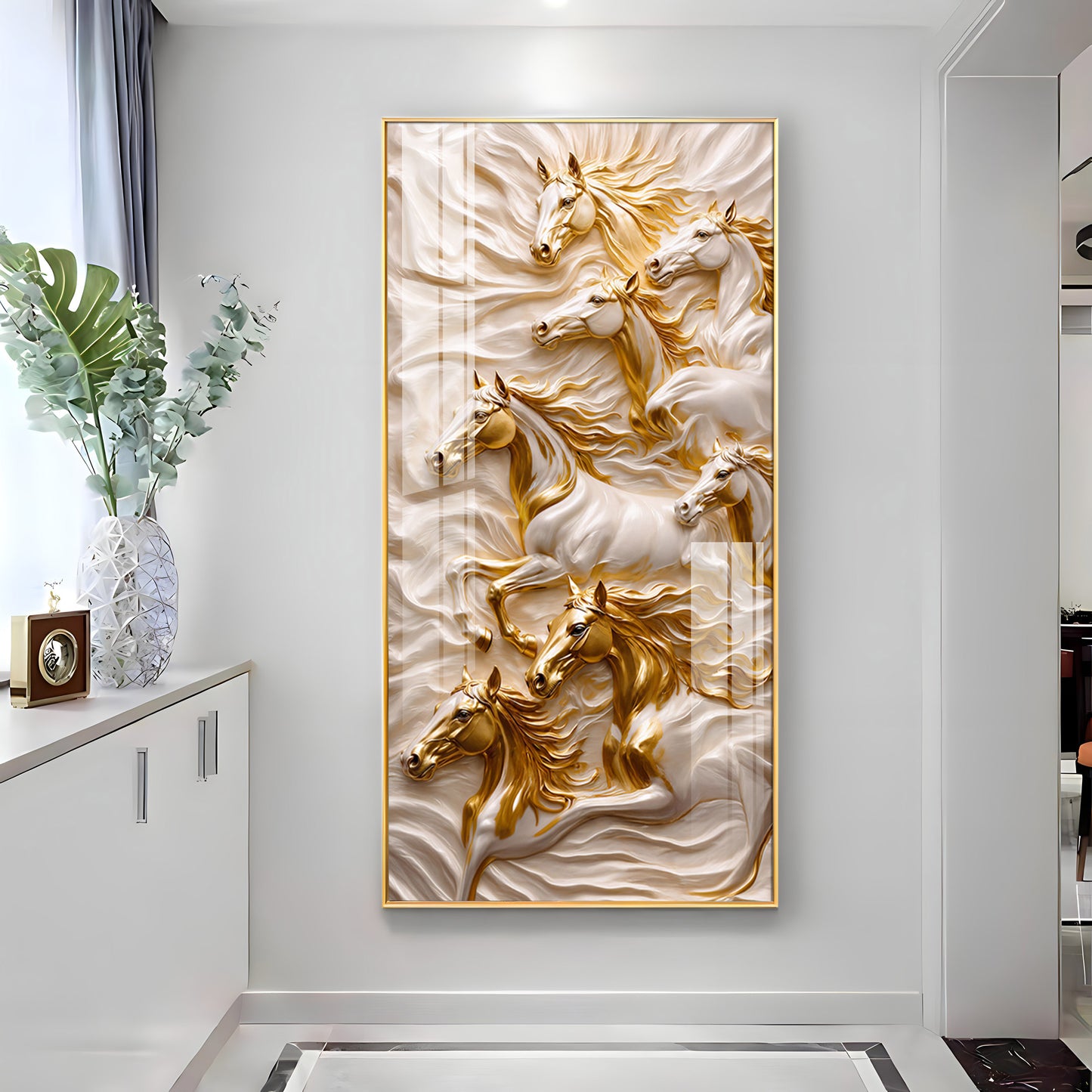 White & Gold Horses Premium Acrylic Vertical Wall Art