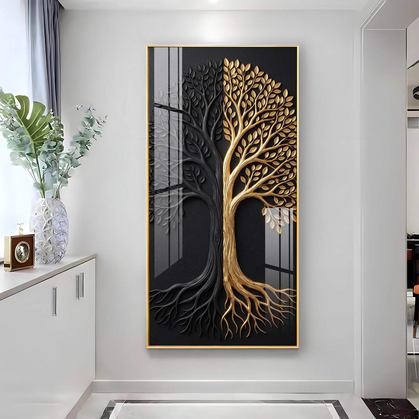 Dual Tone Black and Metallic Gold Tree Premium Acrylic Vertical Wall Art