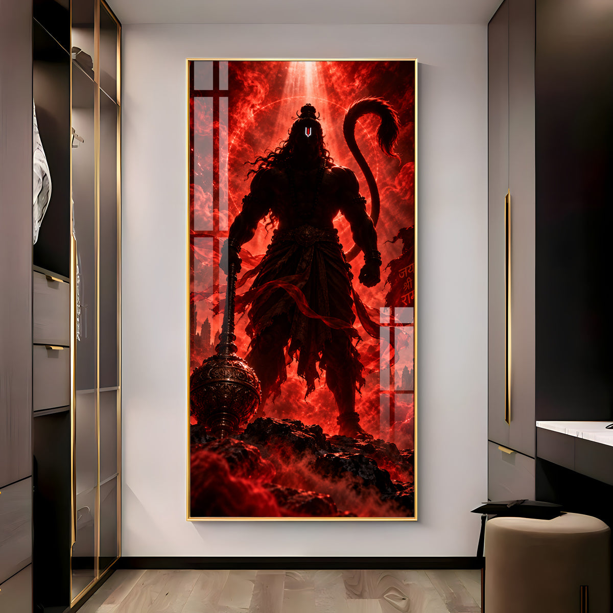 Hanuman Silhouette in Red Glow Premium Acrylic Vertical Wall Art