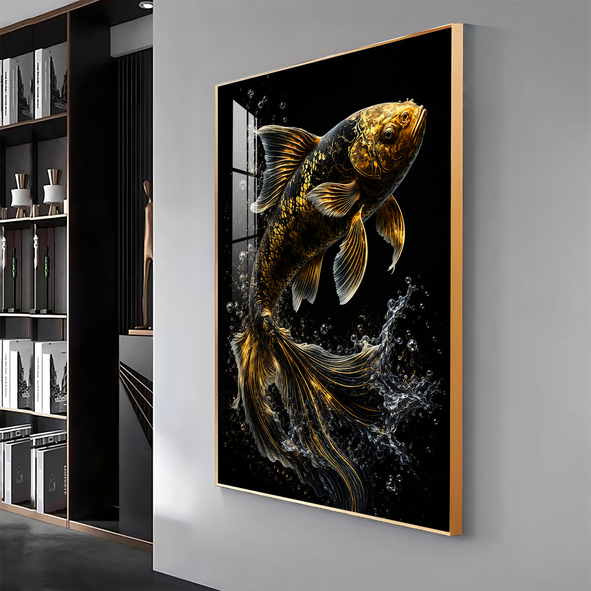 Golden Koi Splash Premium Acrylic Vertical Wall Art