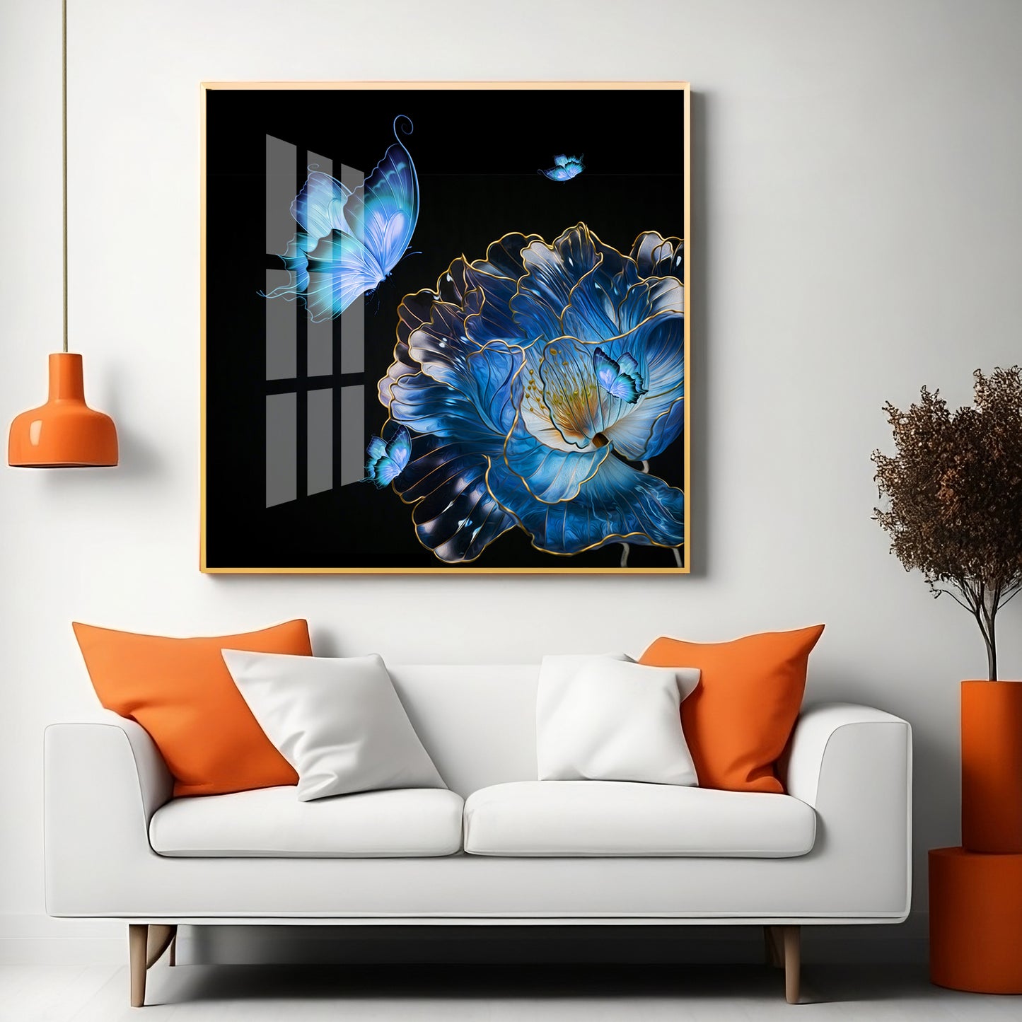 Blue Butterfly With Blue Flower Premium Acrylic Square Wall Art