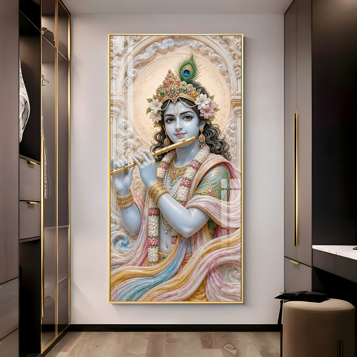 Divine Krishna With Bansuri Premium Acrylic Vertical Wall Art