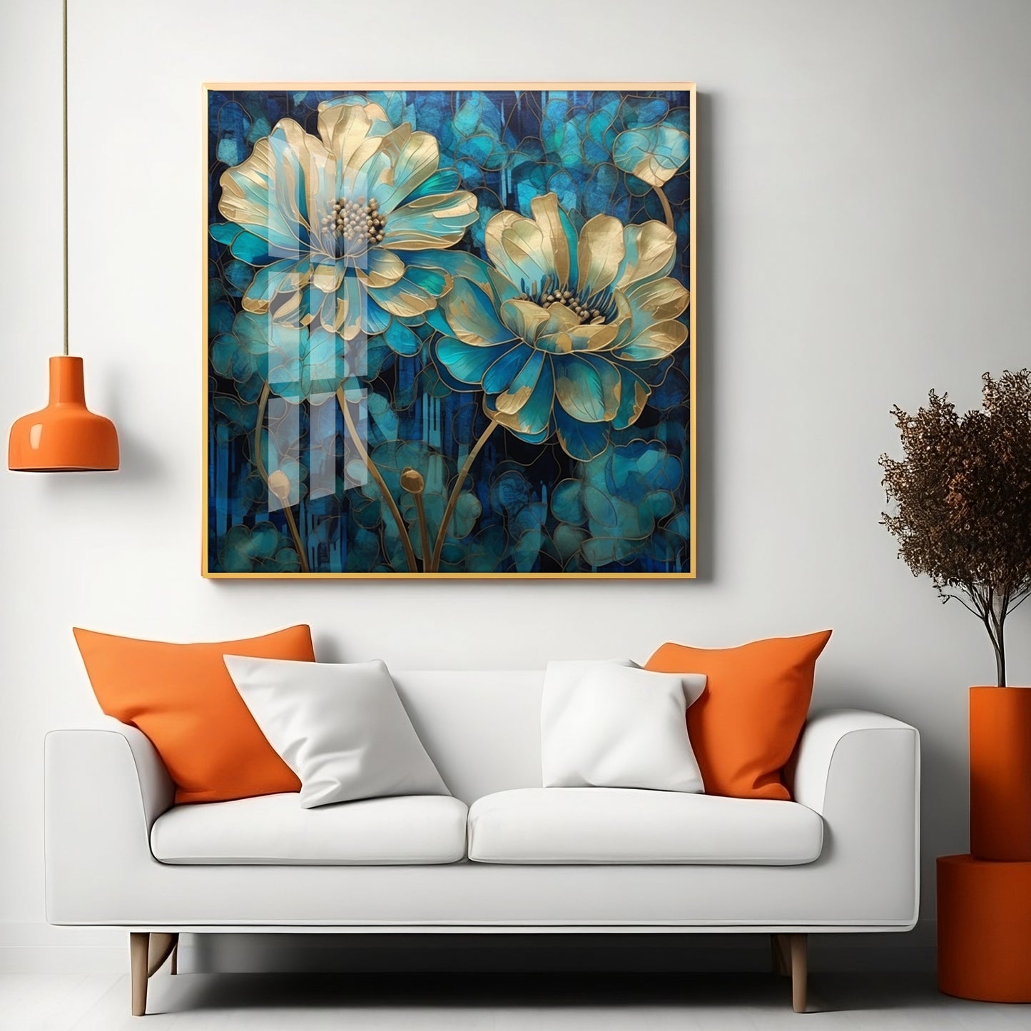 Flowers With Gold & Blue Leaves Premium Acrylic Square Wall Art