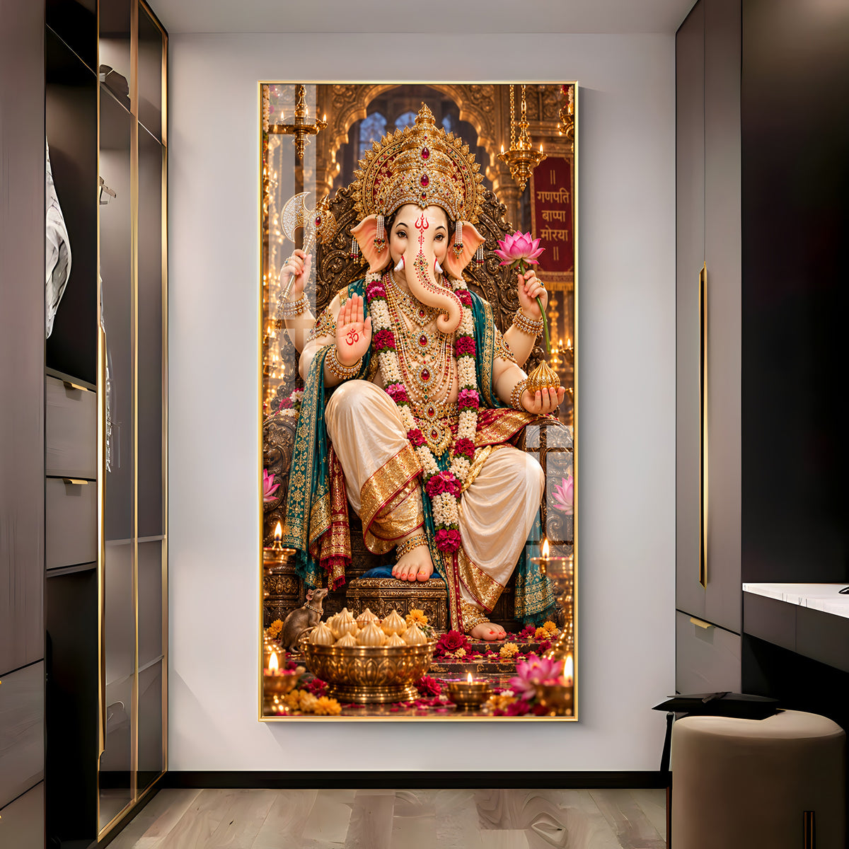 Ganpati Bappa Morya Golden Throne Premium Acrylic Vertical Wall Art