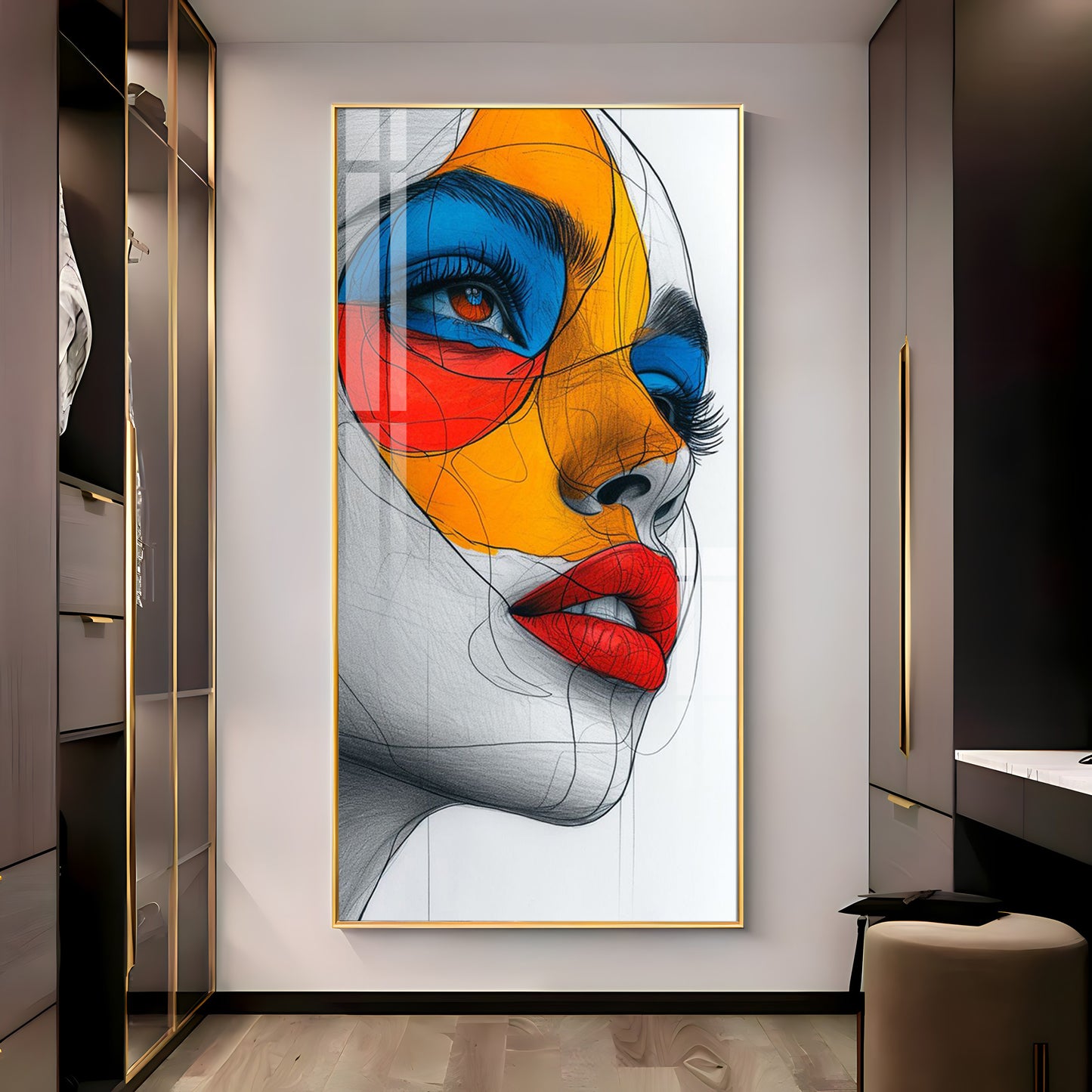 Vibrant Geometric Mask Girl Premium Acrylic Vertical Wall Art