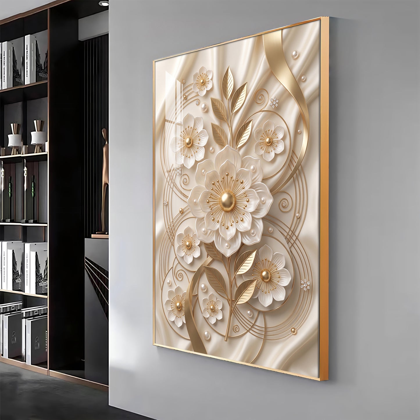 White & Gold Floral Carving Premium Acrylic Vertical Wall Art