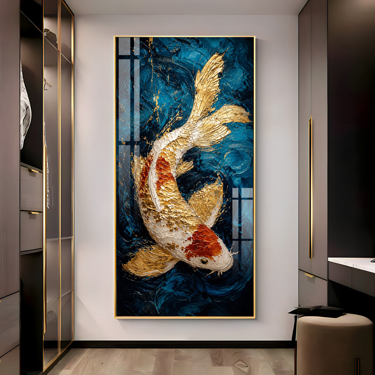 Majestic Golden & Red Koi Fish Deep Blue Background Premium Acrylic Vertical Wall Art