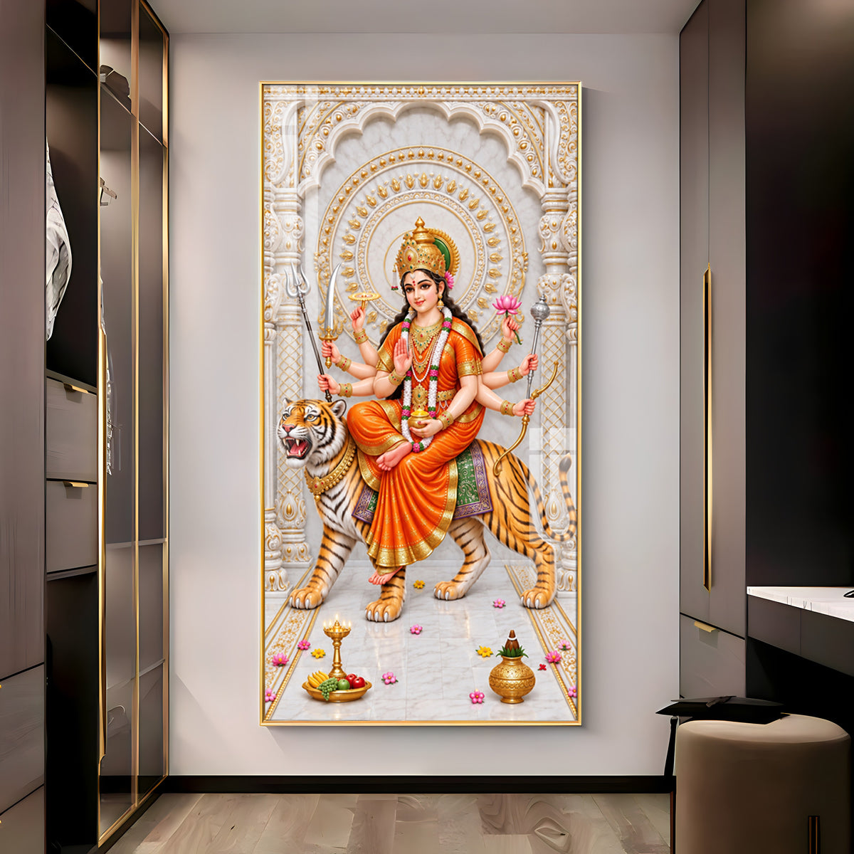 Durga Mata In Orange Attire Premium Acrylic Vertical Wall Art