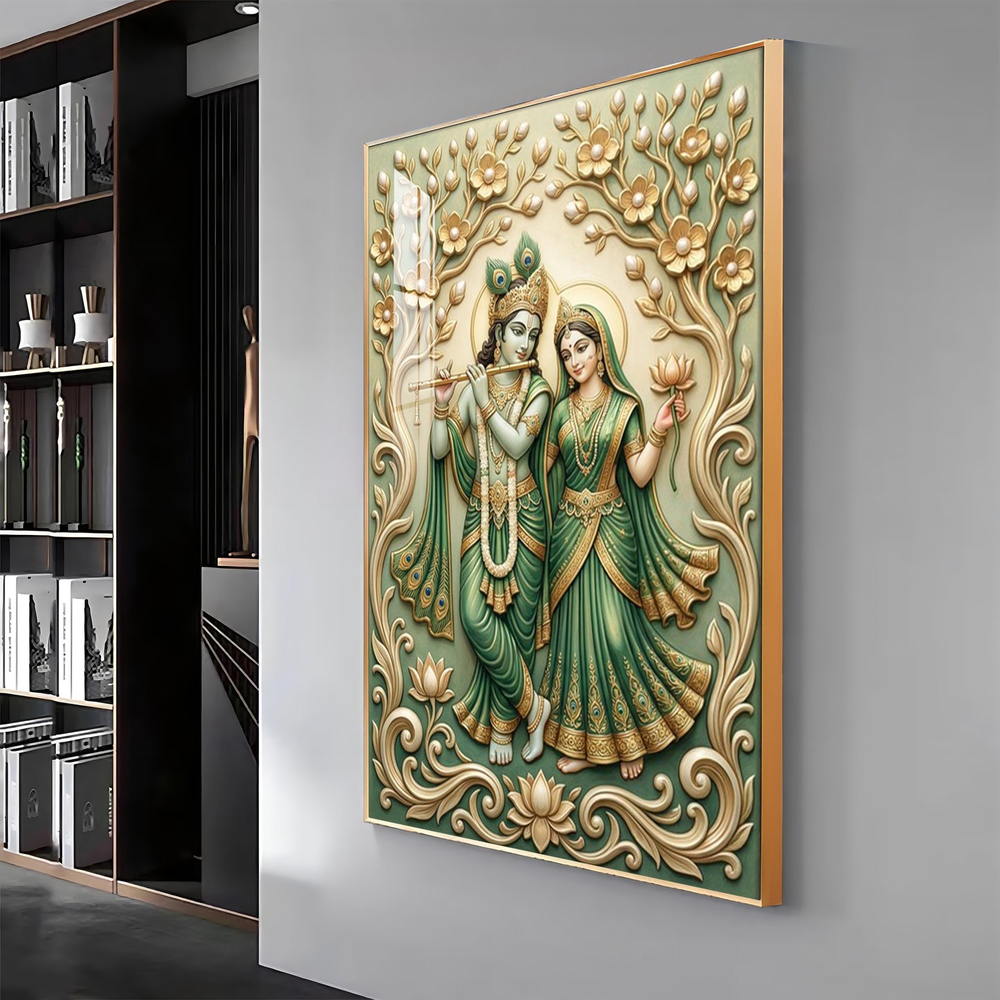 Radha Krishna With Green Background Premium Acrylic Vertical Wall Art