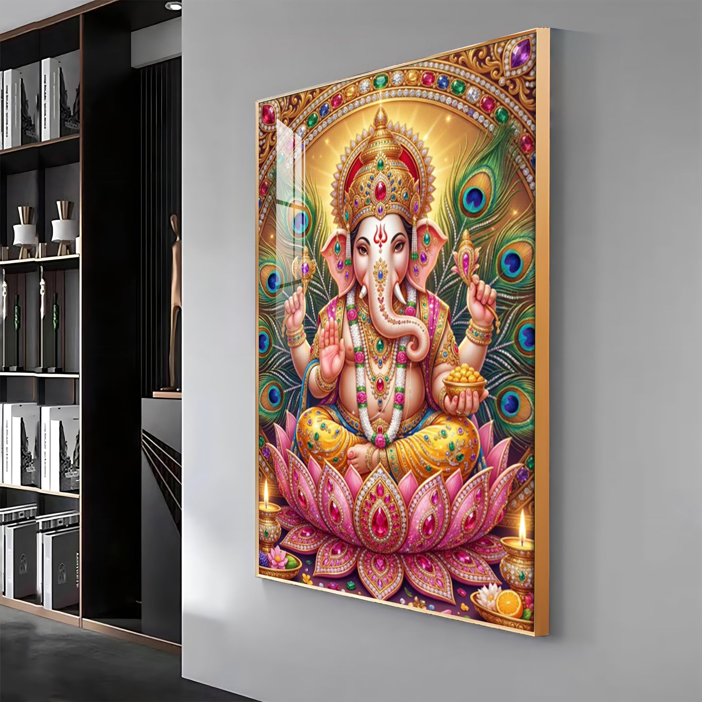 Lord Ganesha With Pink Lotus Premium Acrylic Vertical Wall Art