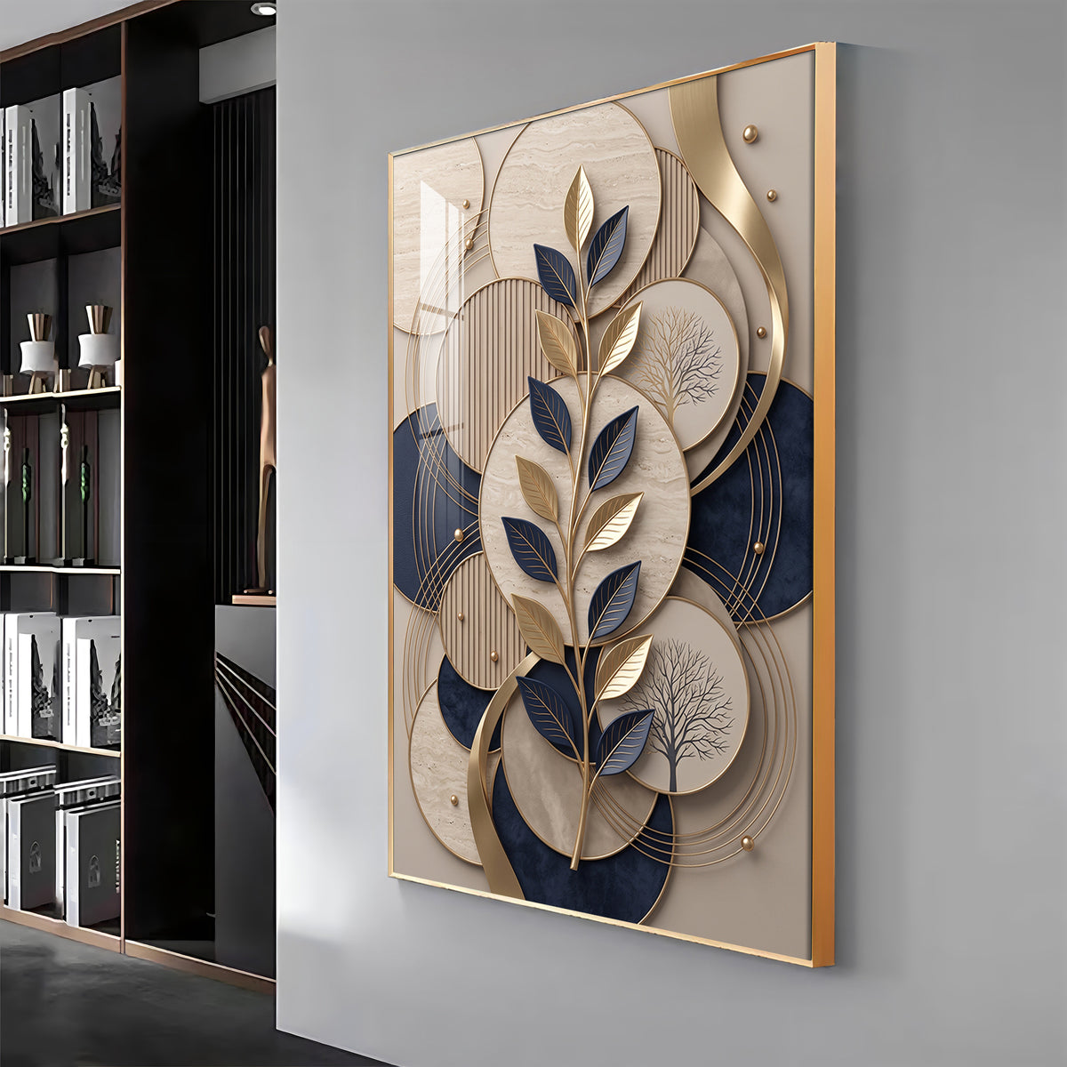 Luxury Navy Blue & Gold Leaves Premium Acrylic Vertical Wall Art