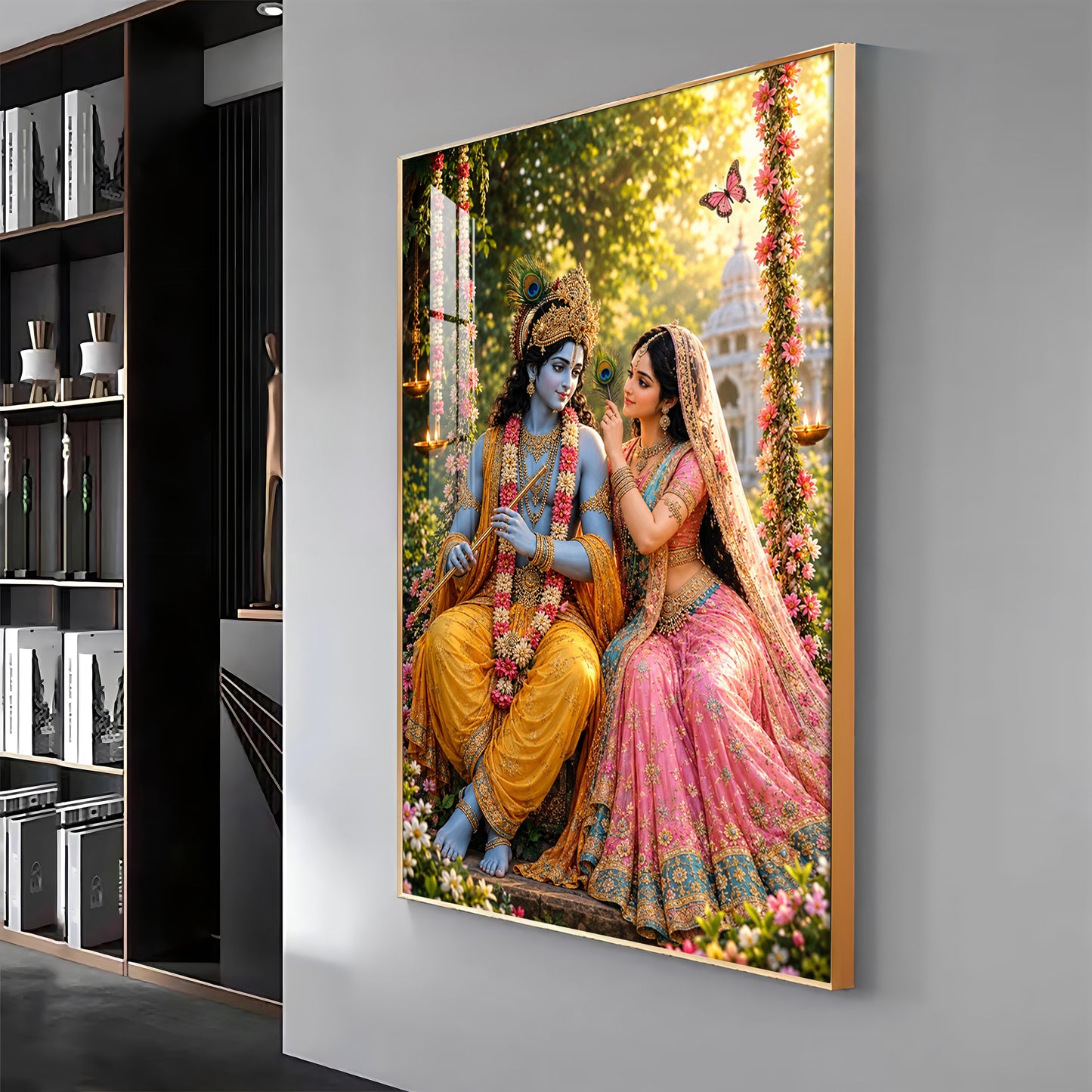 Lord Krishna Holding A Flute With Radha Premium Acrylic Vertical Wall Art