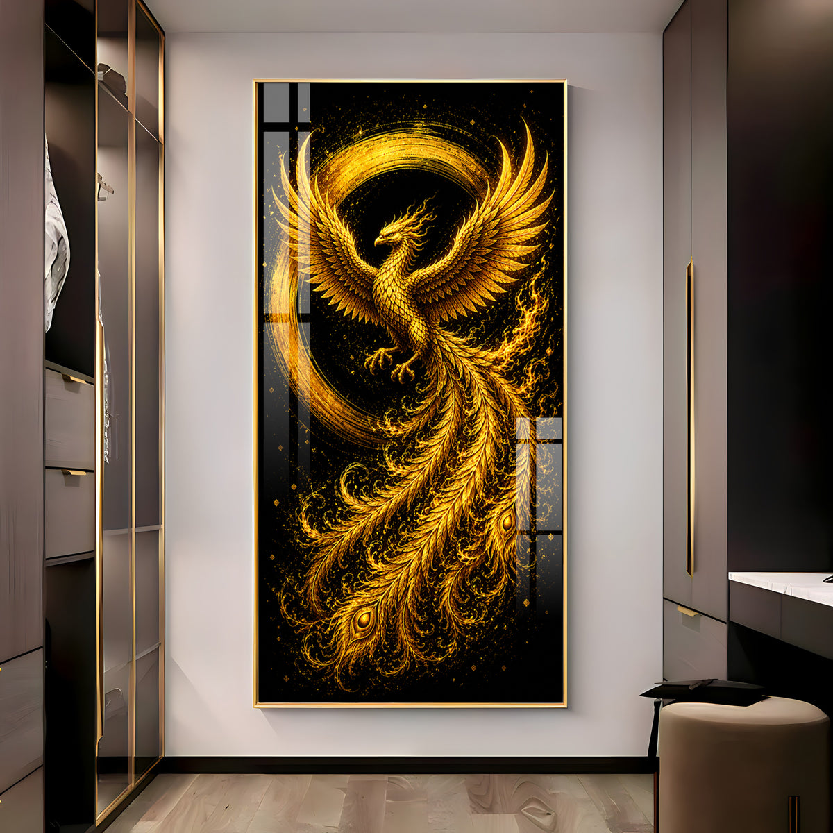 Majestic Golden Phoenix Rising Premium Acrylic Vertical Wall Art