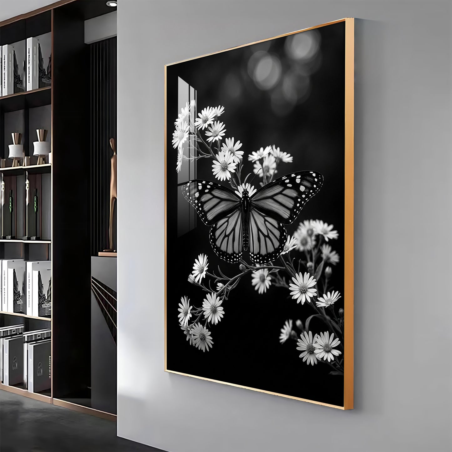 Elegant Black & White Butterfly & Floral Premium Acrylic Vertical Wall Art