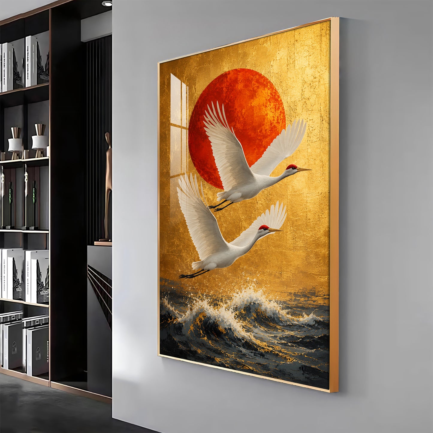 Cranes Over the Ocean & Red Sun Premium Acrylic Vertical Wall Art