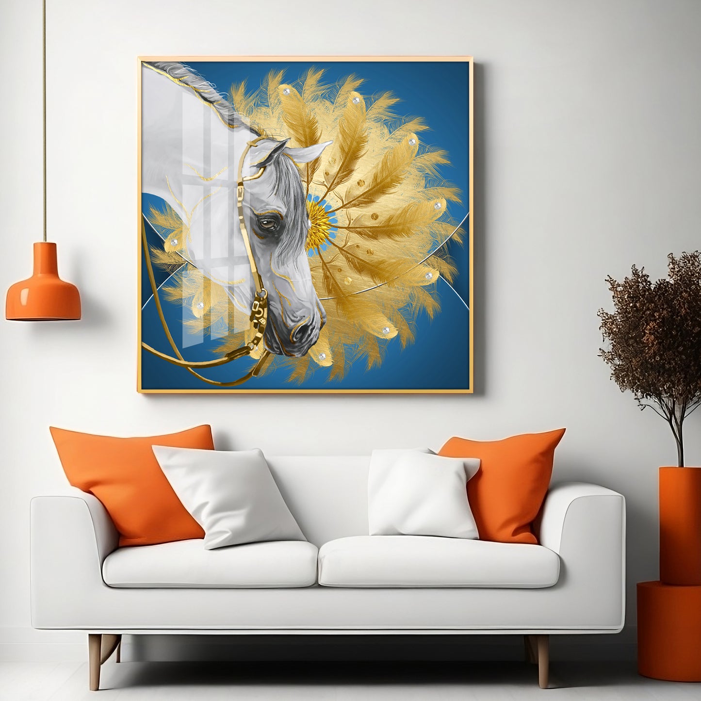 White Horse With Golden chakra Premium Acrylic Square Wall Art