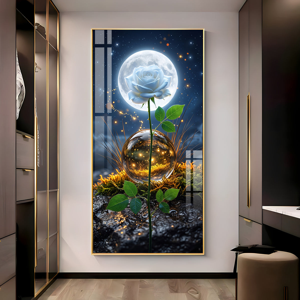 Luminous White Rose with Full Moon Premium Acrylic Vertical Wall Art