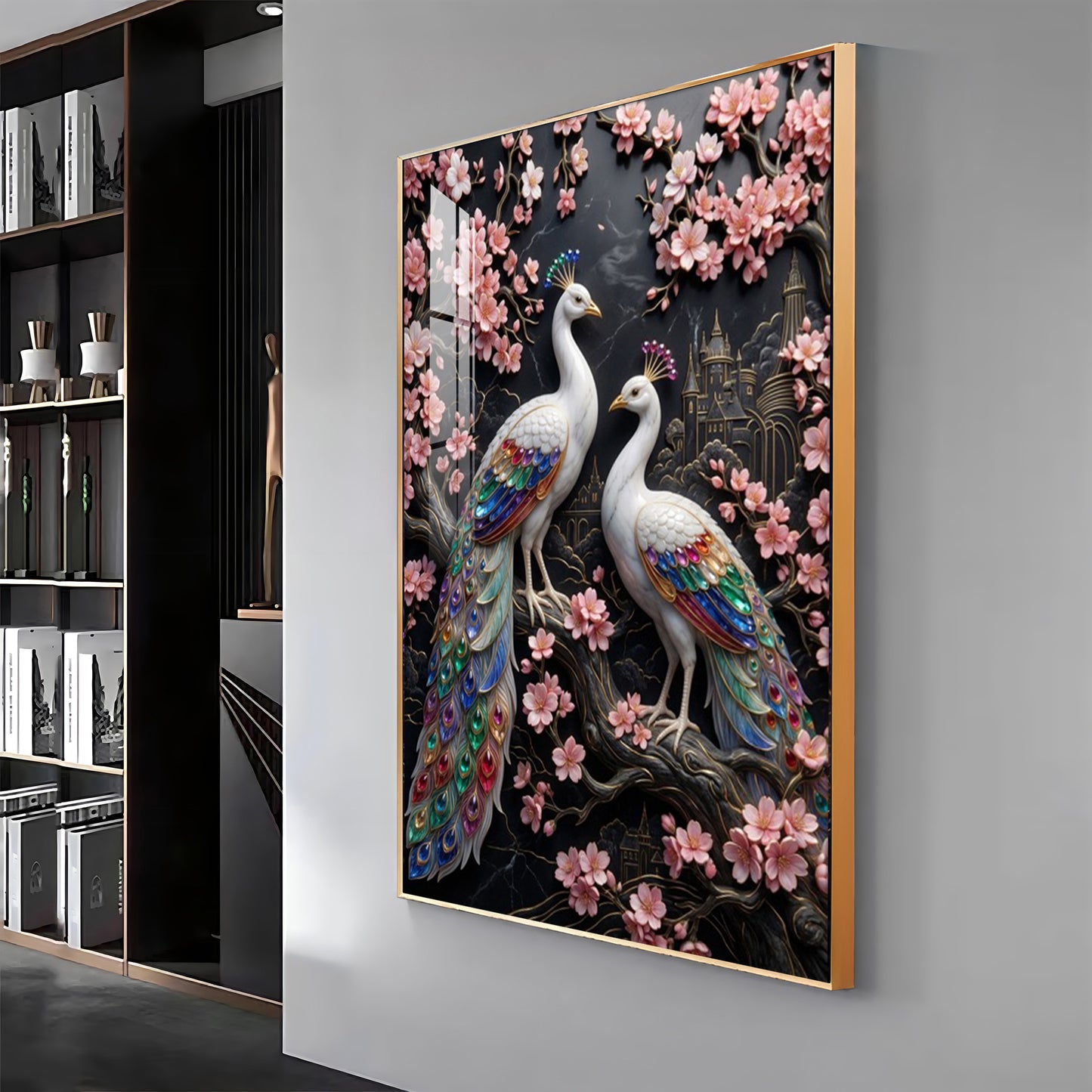 White Peacock Pair Premium Acrylic Vertical Wall Art