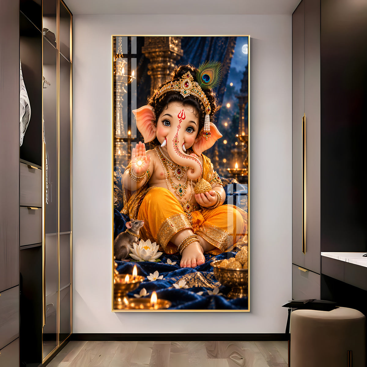 Bal Ganesh Peacock Feather Premium Acrylic Vertical Wall Art