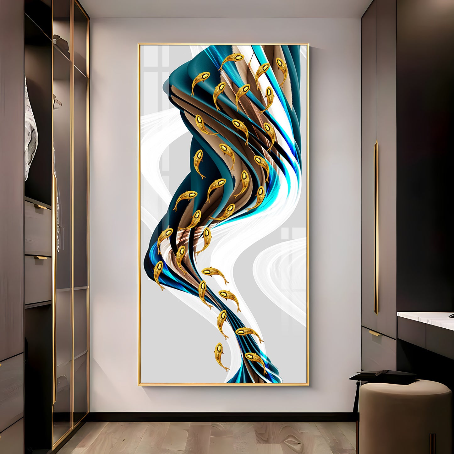 Rich Golden Carp School of Fish Premium Acrylic Vertical Wall Art