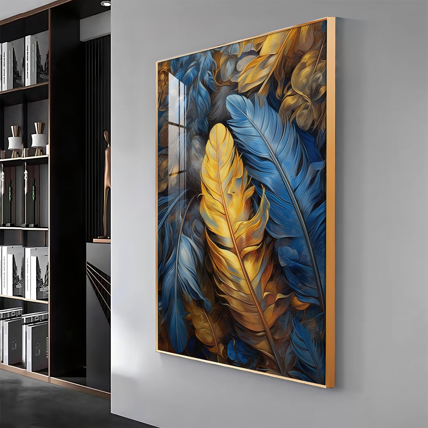 Blue & Yellow Feathers Premium Acrylic Vertical Wall Art