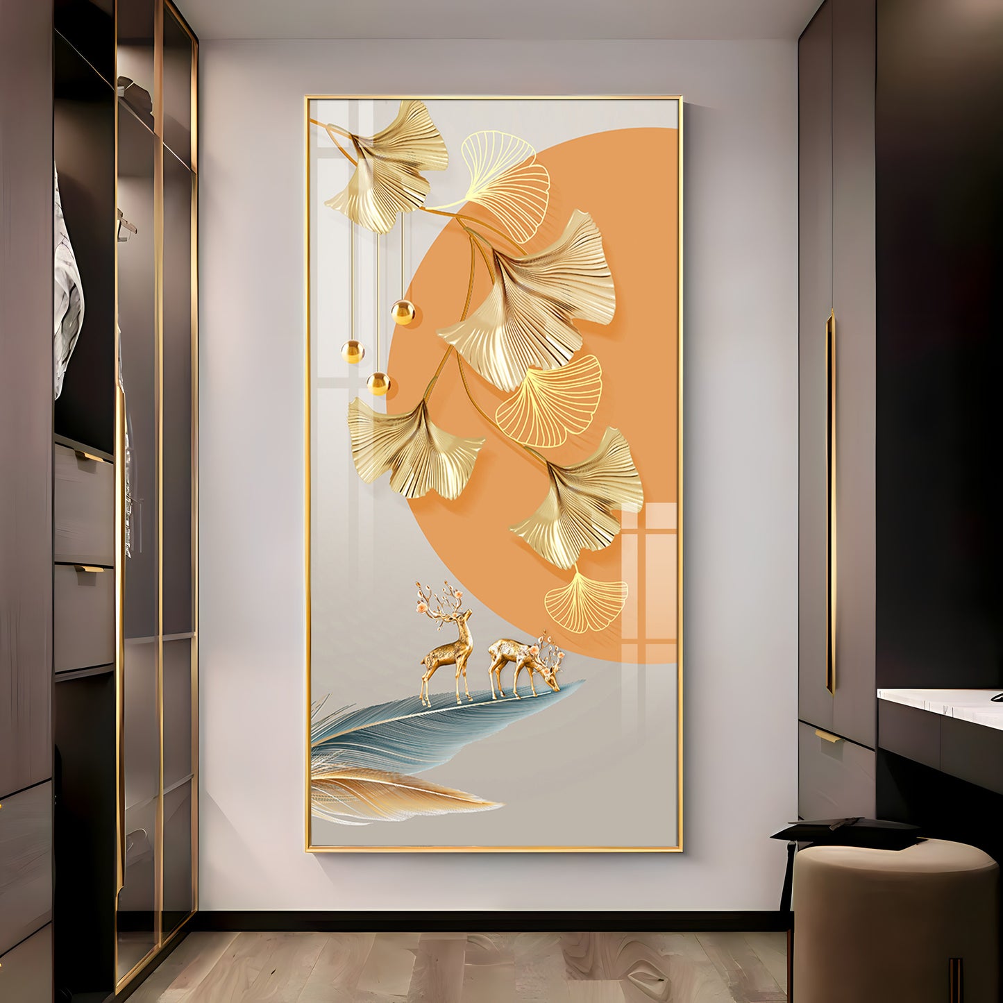 Golden Ginkgo Leaves Deer Premium Acrylic Vertical Wall Art