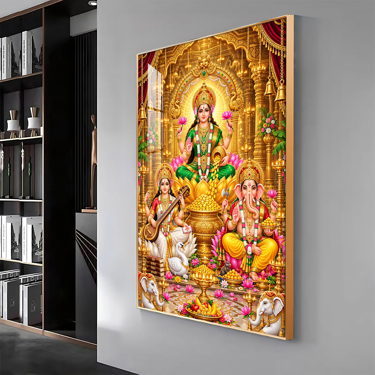 Divine Maa Laxmi, Maa Saraswati & Ganesh Ji Premium Acrylic Vertical Wall Art