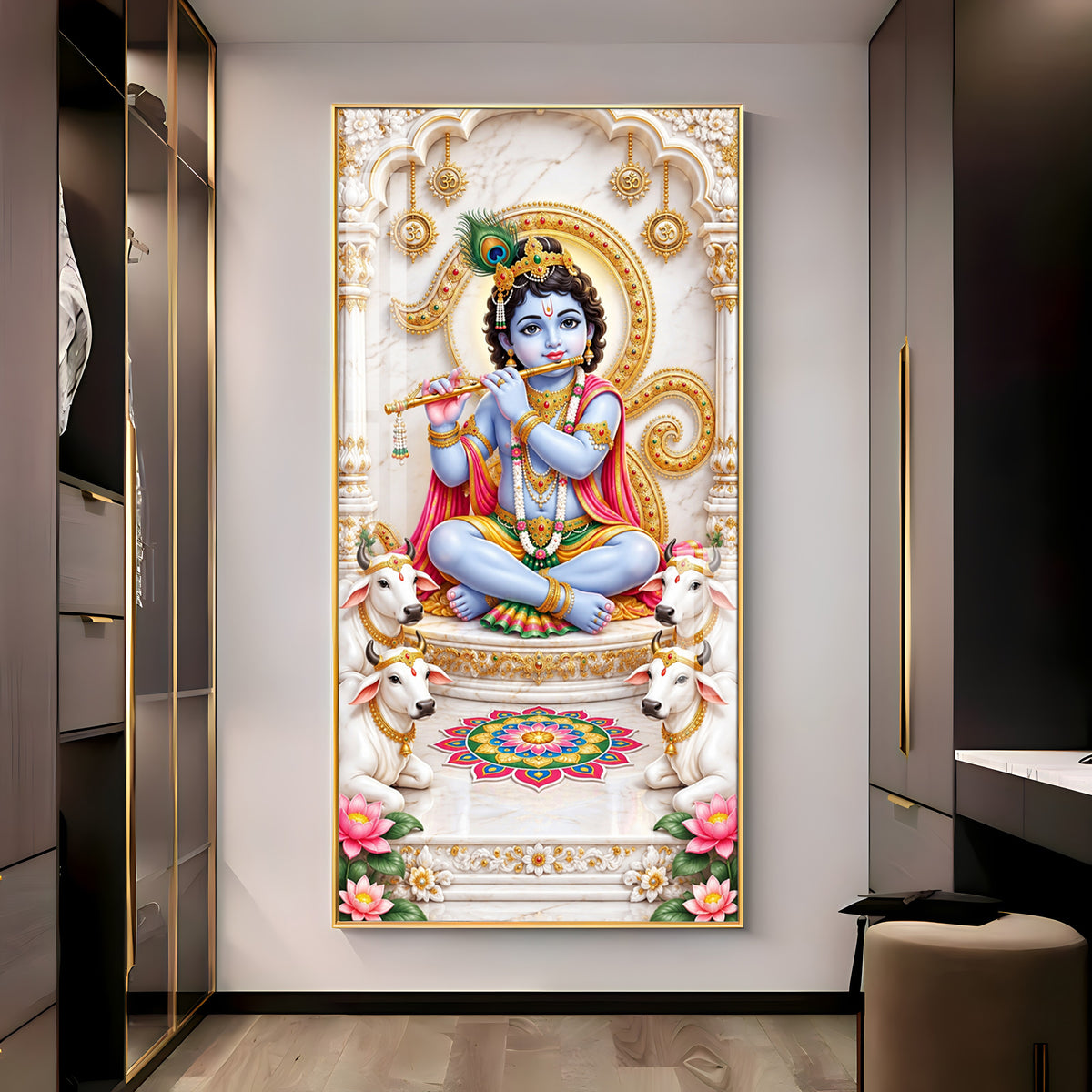 Krishna With White Cows Premium Acrylic Vertical Wall Art